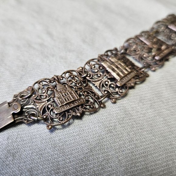Vintage Paris France Silver Plated Filigree Panel Link Souvenir Bracelet 40s 50s - Picture 1 of 7